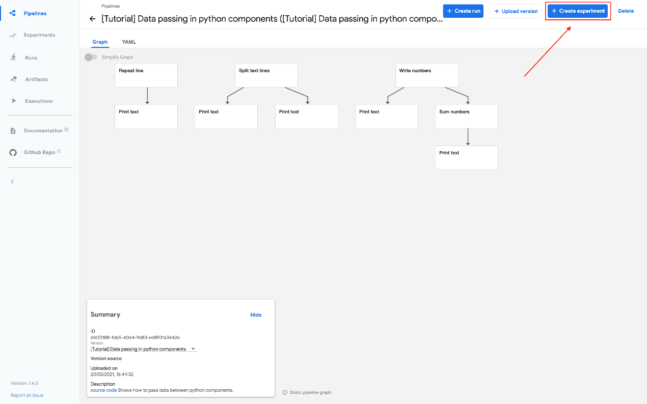 Creating an experiment on the pipelines UI