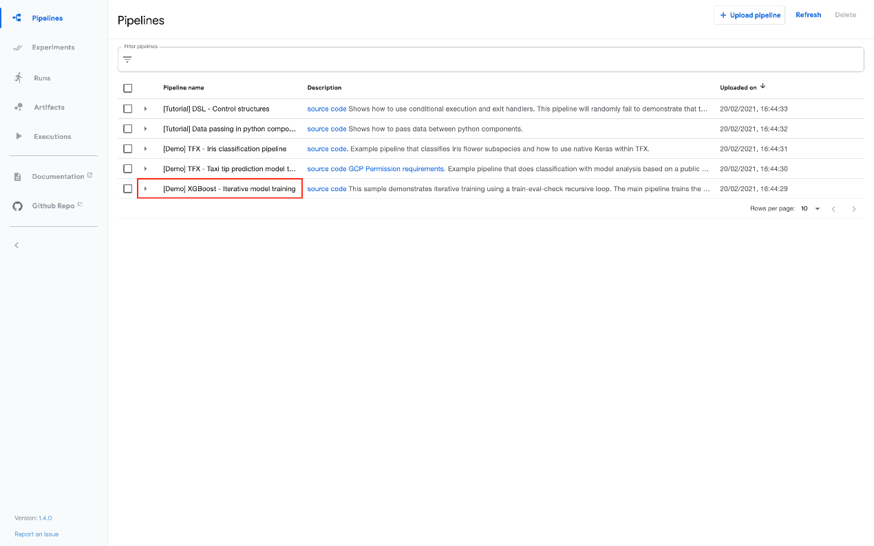XGBoost sample on the pipelines UI