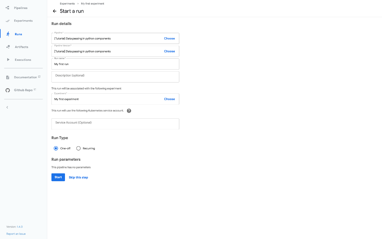 Creating a run on the pipelines UI